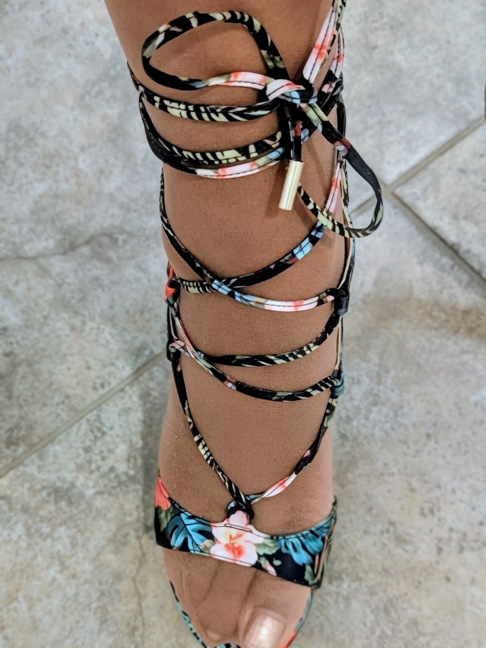 Marc Fisher Black Multi Floral Lace-Up Gladiator Sandal